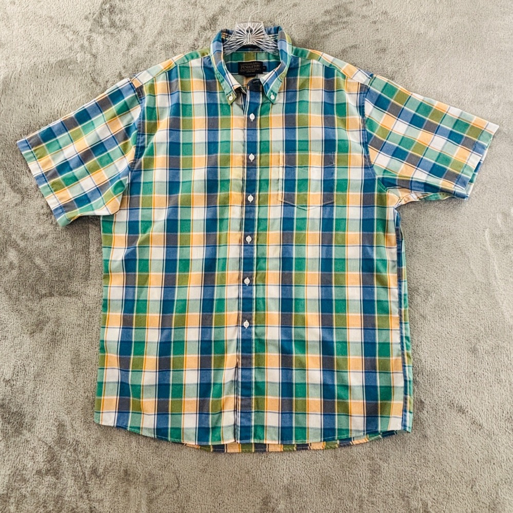 Pendleton Fremont Short Sleeve Button Down Shirt Mens XL Plaid Green Blue Yellow
